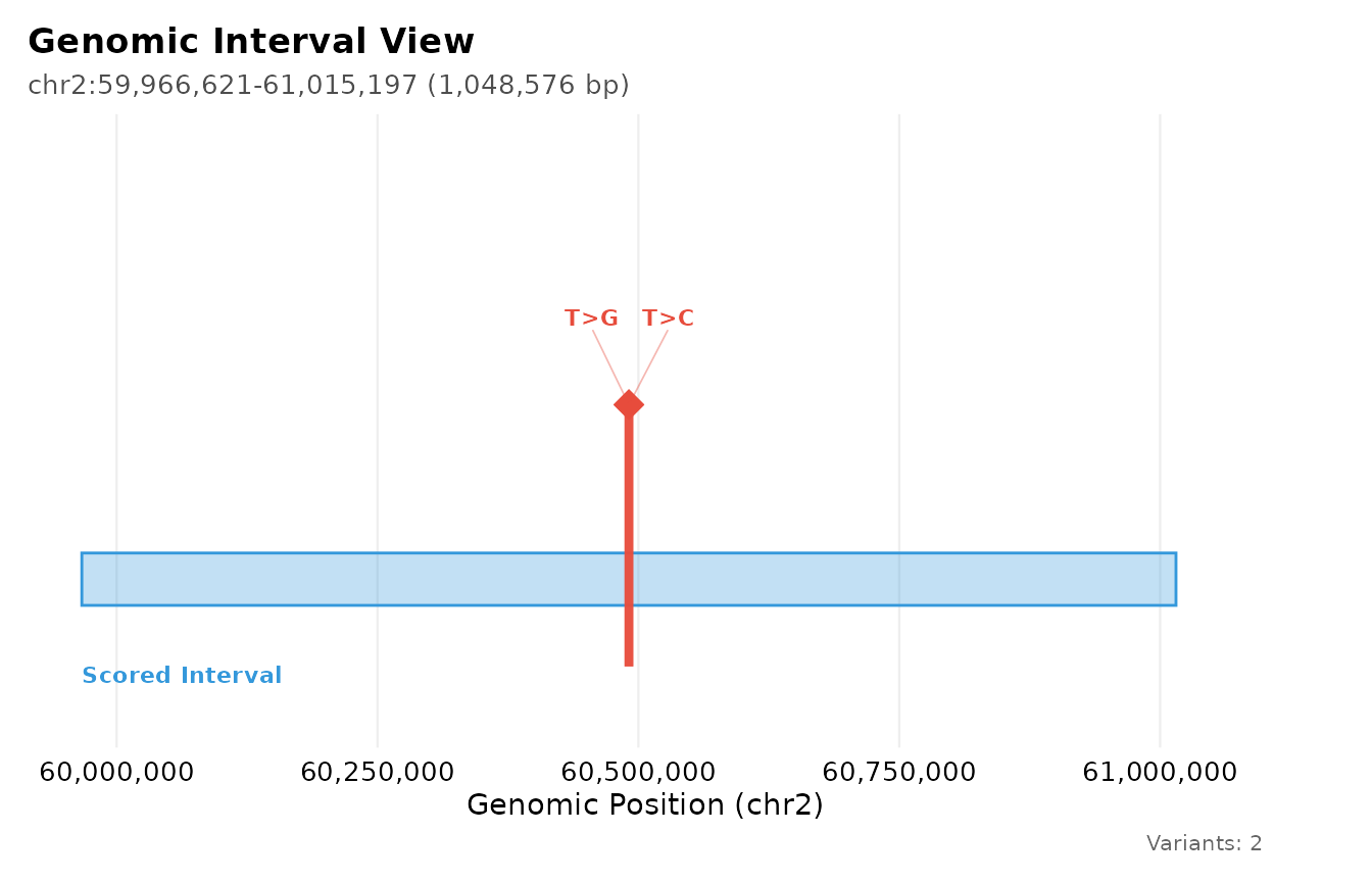 The 1 Mb scored interval, with both alternate alleles of rs1427407 marked at their shared coordinate.